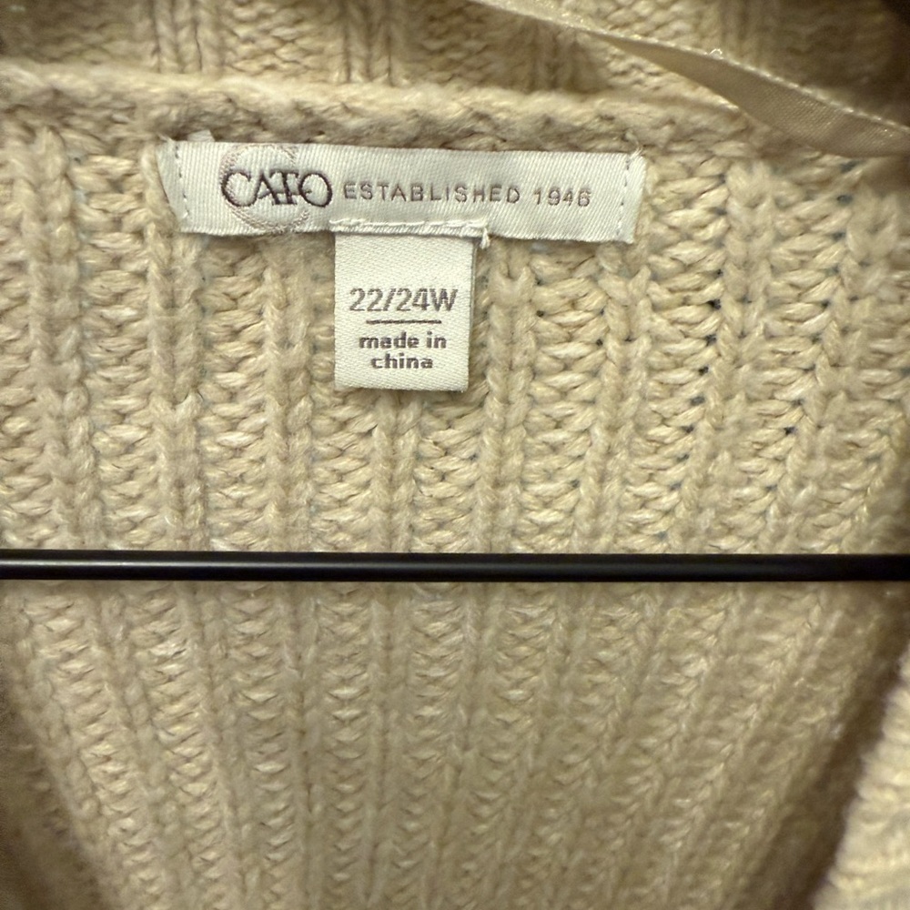 Cato Boho Beige Chunky Cable Knit Open Front Cardigan Sweater w Fringe 22W 24W - Picture 9 of 9